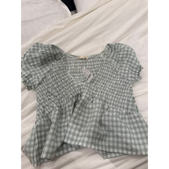 PacSun la hearts smocked flowy green and white plaid blouse top new with tags - Picture 1 of 3